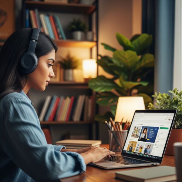 woman researching on a laptop 