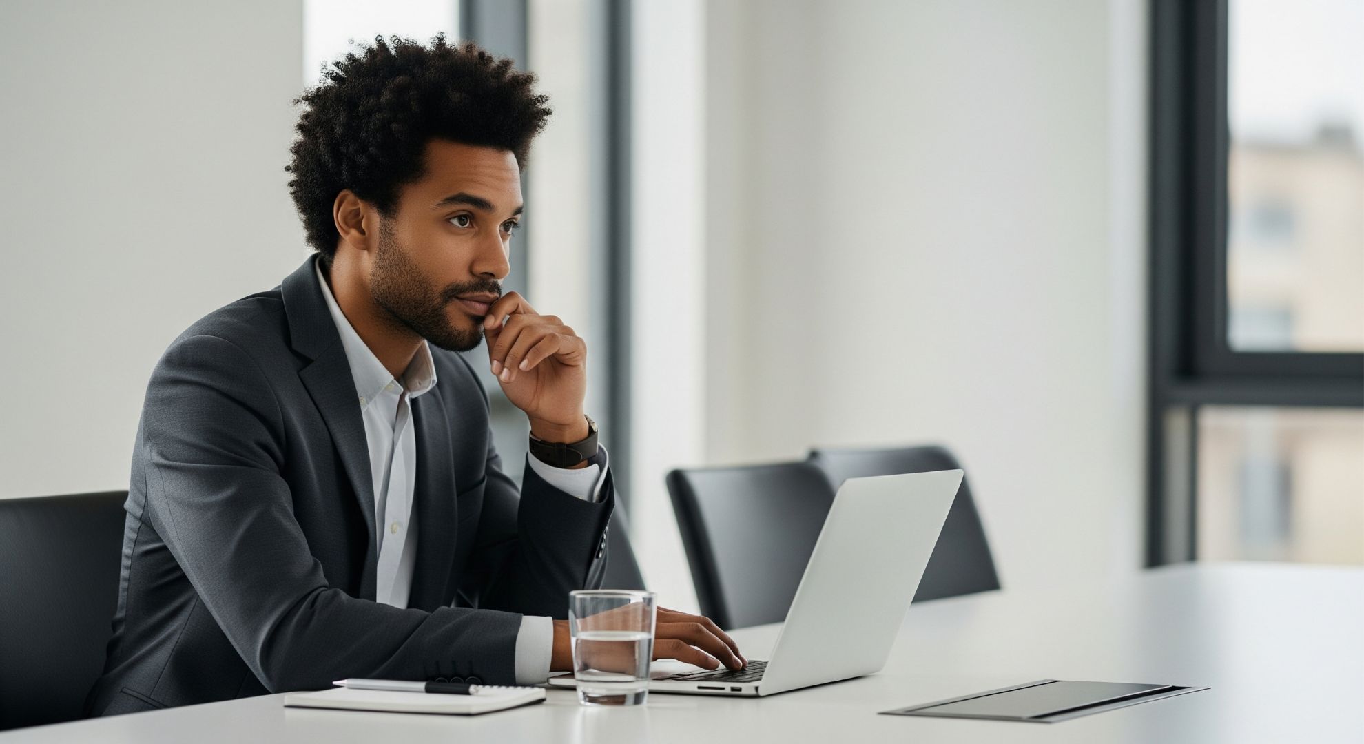 A person thoughtfully weighing non-salary benefits during a negotiation at a modern office table.