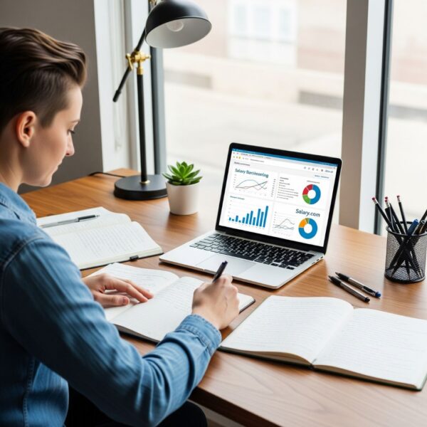 A person diligently researching market value and salary benchmarks for their role.