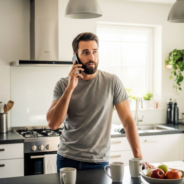 A man standing in kitchen talking on phone