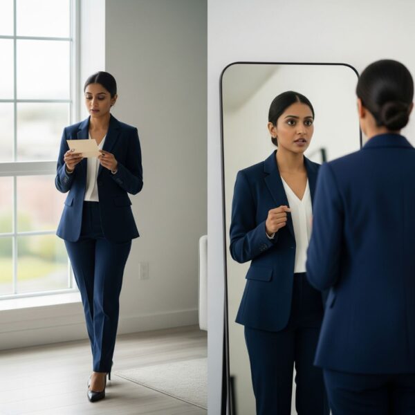 A professional practicing their negotiation pitch by pacing and speaking into a mirror.