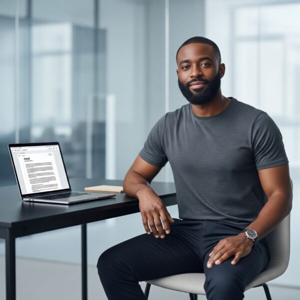 A man sits at desk with a laptop beside open with a job offer