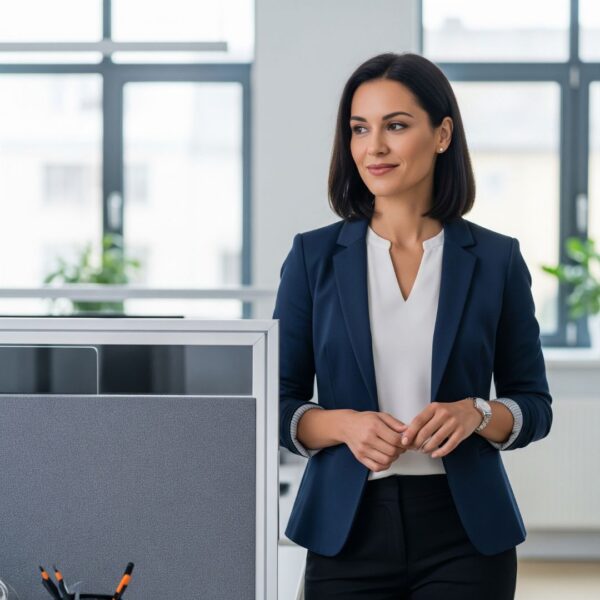 a woman standing in a professional office