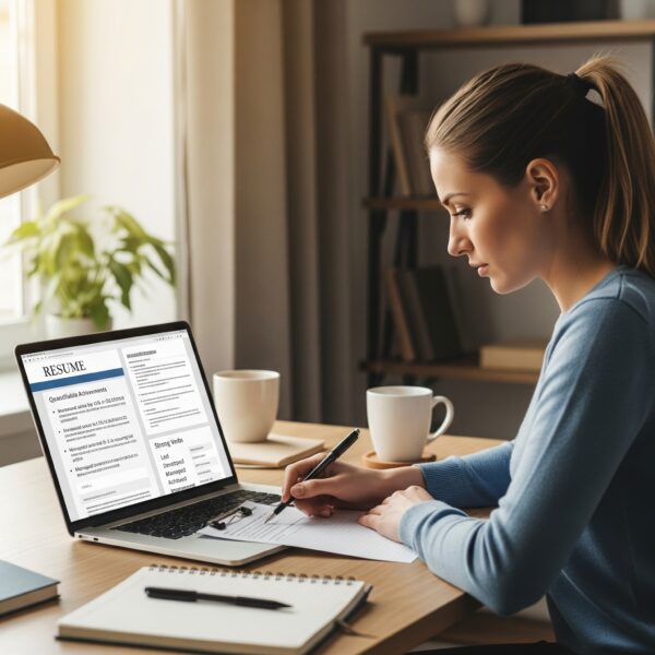 A woman working on a resume with a bulleted of quantifiable achievements and strong verbs.