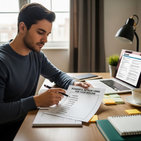 A person carefully selecting the perfect action word from a list, representing thoughtful resume crafting.