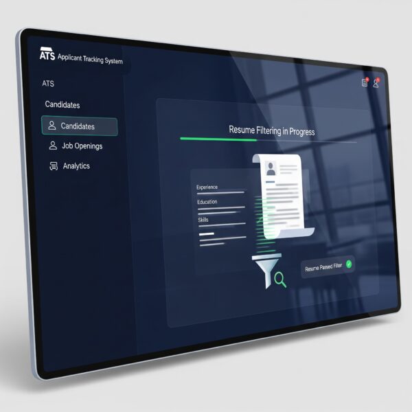 A digital screen displaying an applicant tracking system (ATS) with a resume passing through the filter.