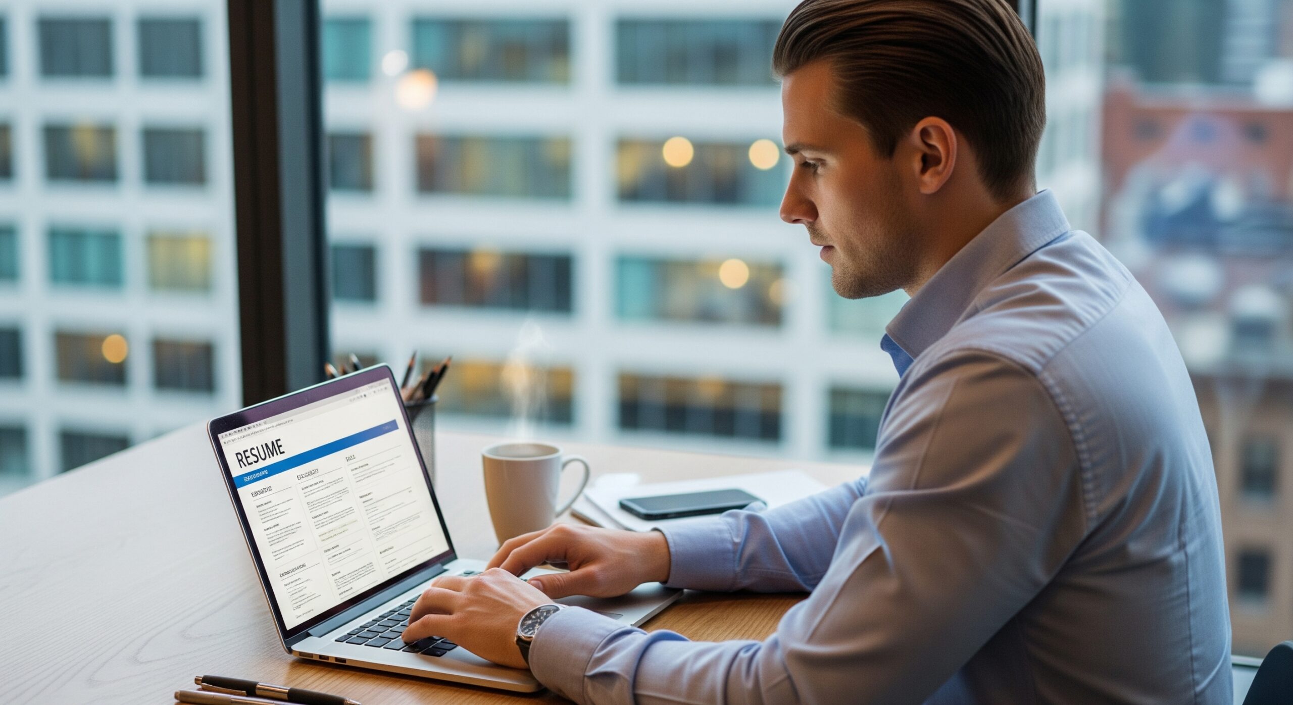 A professional writing a resume on a laptop.
