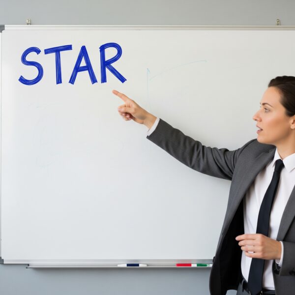 A person in business attire pointing to a whiteboard with the acronym STAR written on it.
