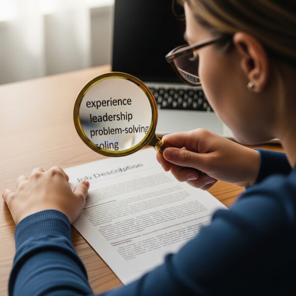 A person using a magnifying glass to highlight specific keywords from a job description.