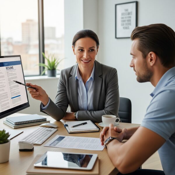 A professional career advisor helping a client with their resume.