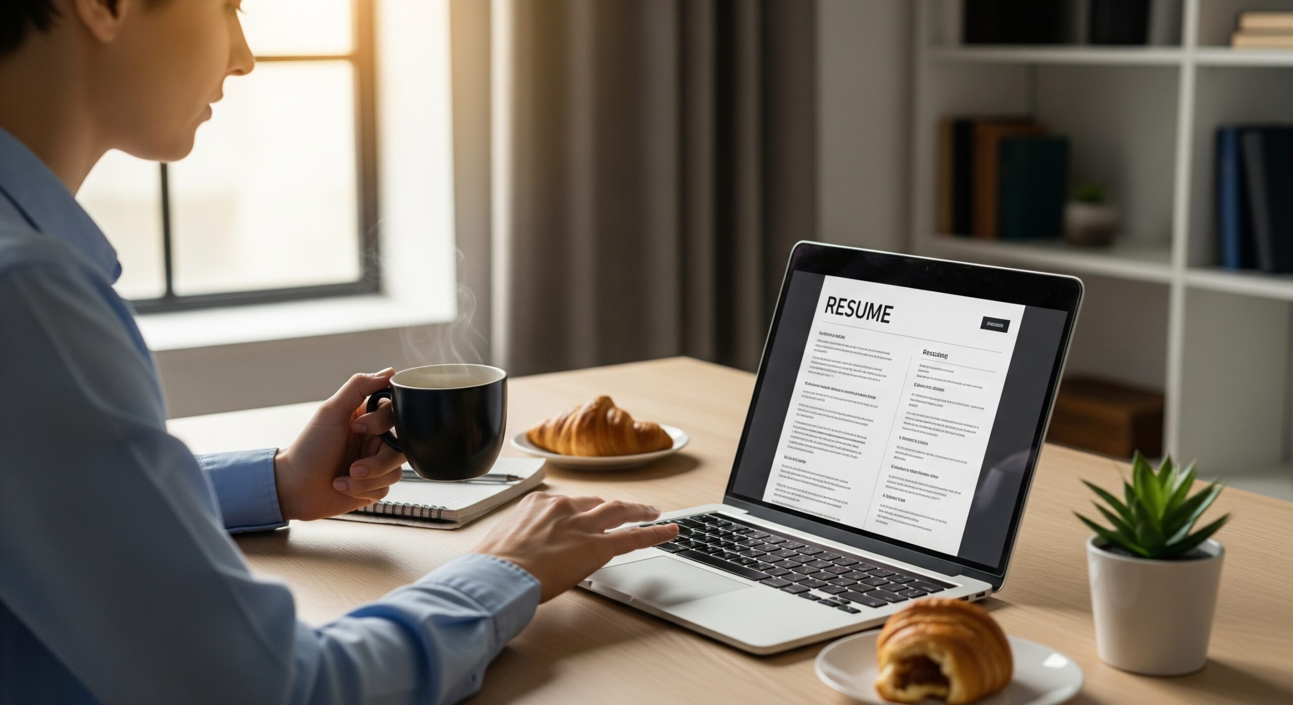 A person sitting at a desk and reviewing a professional resume on a laptop with a cup of coffee.