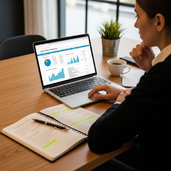 A person sitting at a desk with a laptop and notebook, diligently researching salary data and industry benchmarks online.