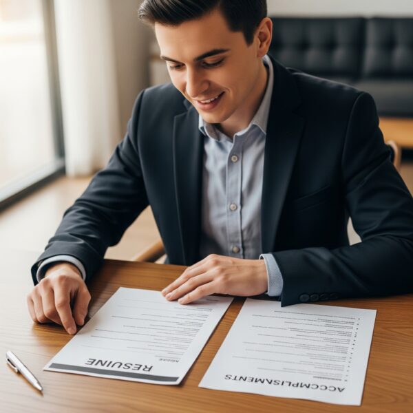 A smiling and self-assured job candidate reviewing their resume and a list of accomplishments before an interview.