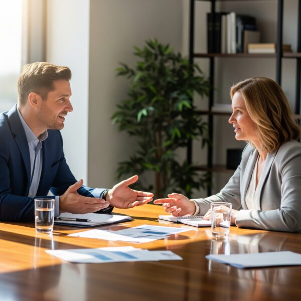 Two people engaged in a positive and professional conversation across a table, with open body language suggesting a collaborative negotiation.