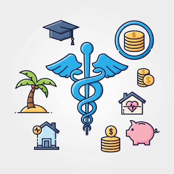 An infographic-style layout of employee benefits icons, including a healthcare symbol, a retirement fund icon, and a palm tree for vacation time.