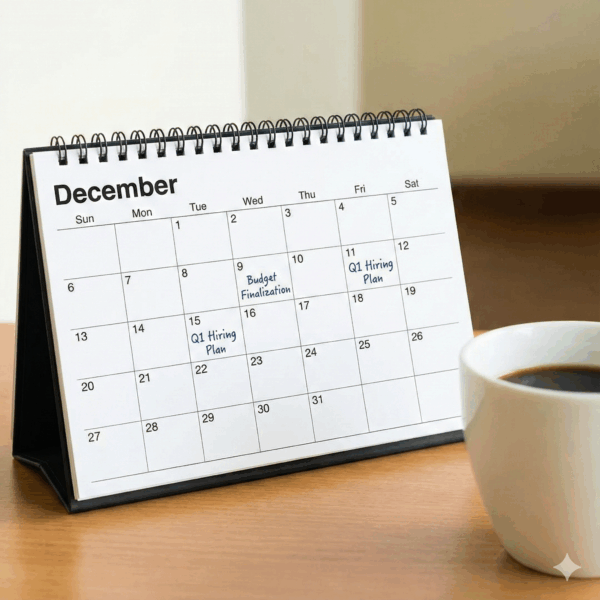 Corporate calendar showing Q4 planning and Q1 hiring